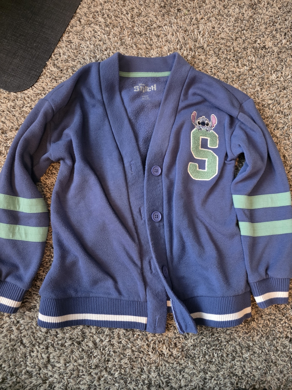Disney Blue Cardigan with Green Letter S and Stitch Patch - Kids